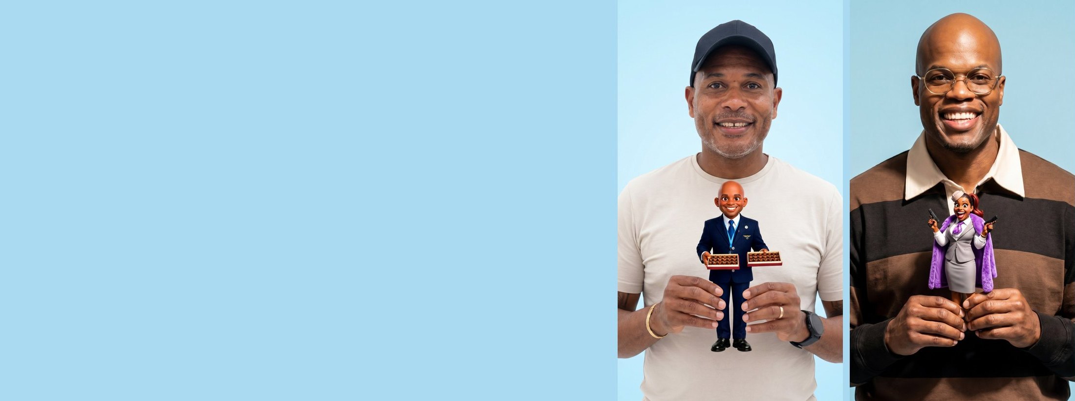Twee bekende Nederlanders houden lachend hun eigen 3D Minu cartoonpoppetje vast